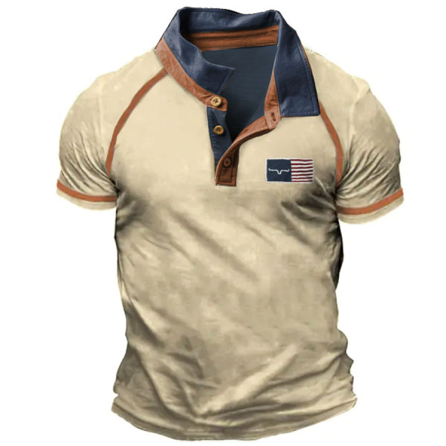 

En's Outdoor Polo Shirt Western Denim American Flag Print Casual Henley Vintage Polo Shirt