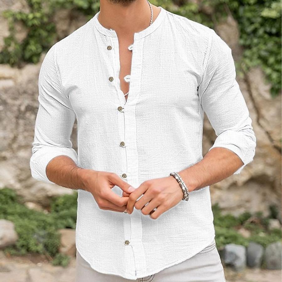 

Men's Solid Color Stand Collar Cotton Linen New Cardigan Stand Collar Long Sleeve Shirt