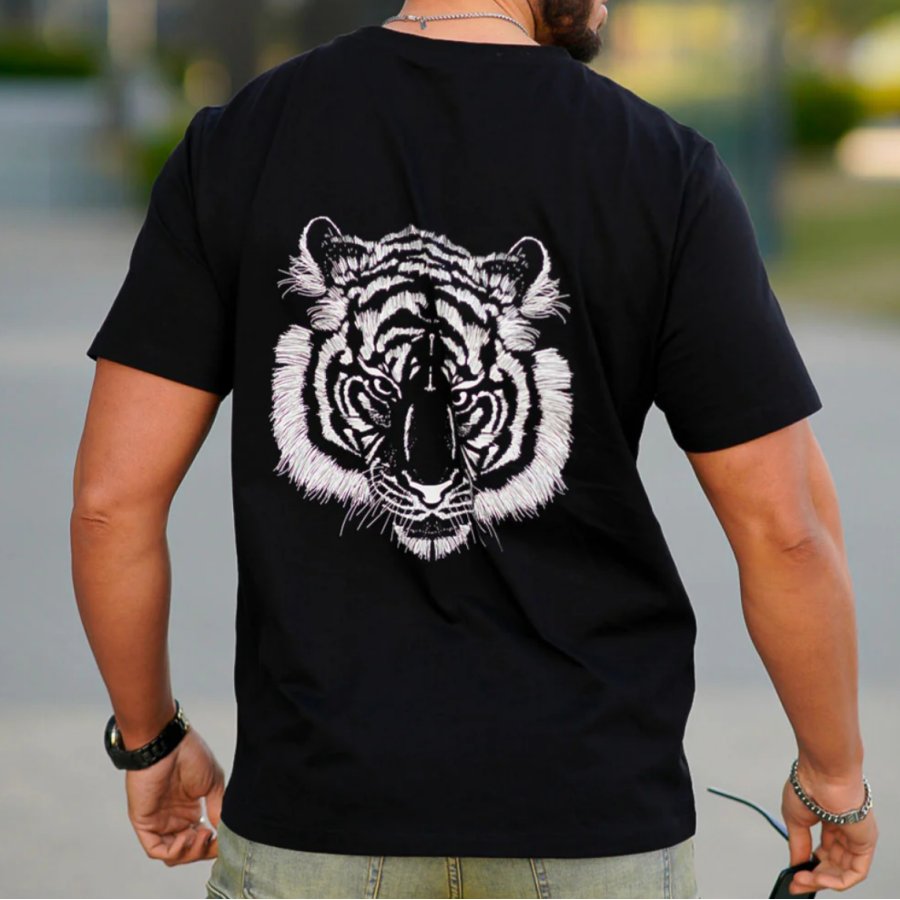 

Men's Fashion Simple Lion Print Black Round Neck T-Shirt