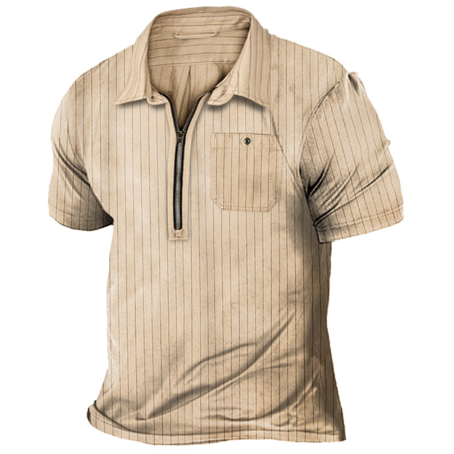 

Men's T-Shirt Casual Stripe Zipper Lapel Summer Top Khaki