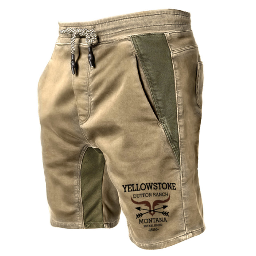 

Men's Shorts Vintage Yellowstone Drawstring Colorblock Summer Bottoms Khaki