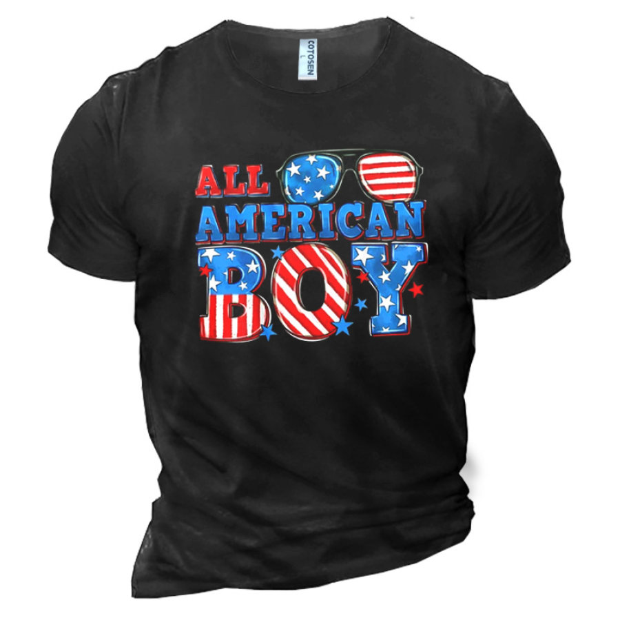

Men's Cotton T-Shirt All American Boy America Flag Summer Short Sleeve Top