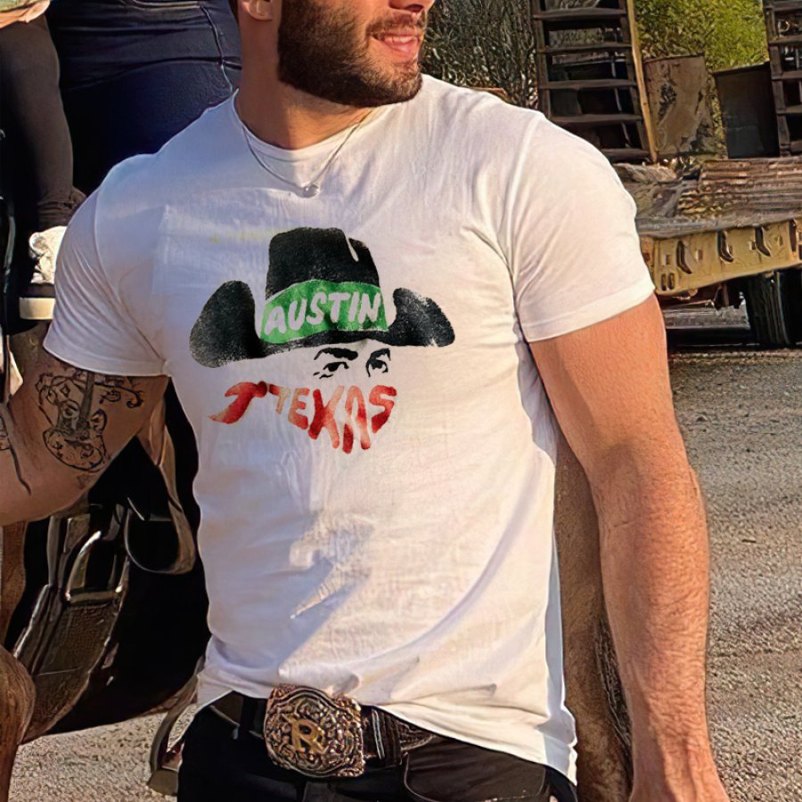 

Men's Cotton T-Shirt Retro Fit Breathable Wild West Cowboy Graphic Print T-Shirt