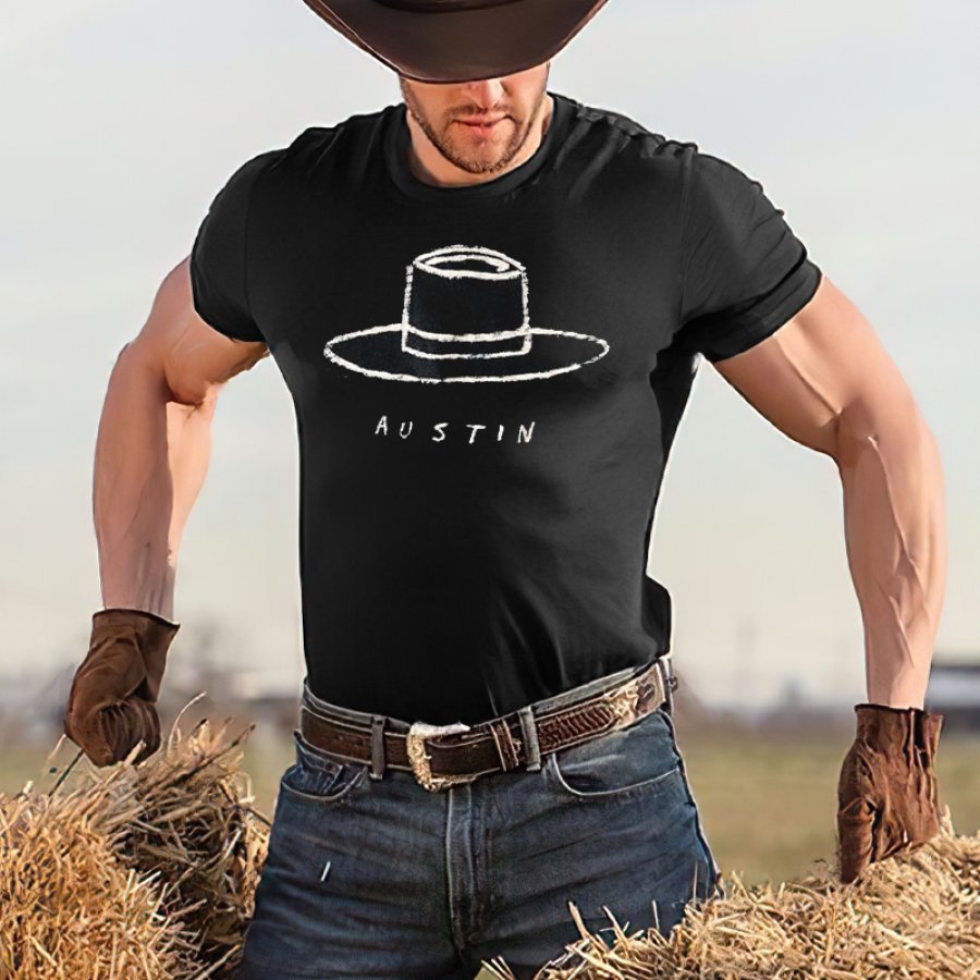 

Men's Cotton T-Shirt Retro Fit Breathable Wild West Cowboy Graphic Print T-Shirt
