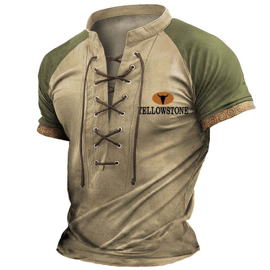 

Men's T-Shirt Vintage Western Yellowstone Color Block Lace-Up Stand Collar Short Sleeve Summer Daily Tops Khaki
