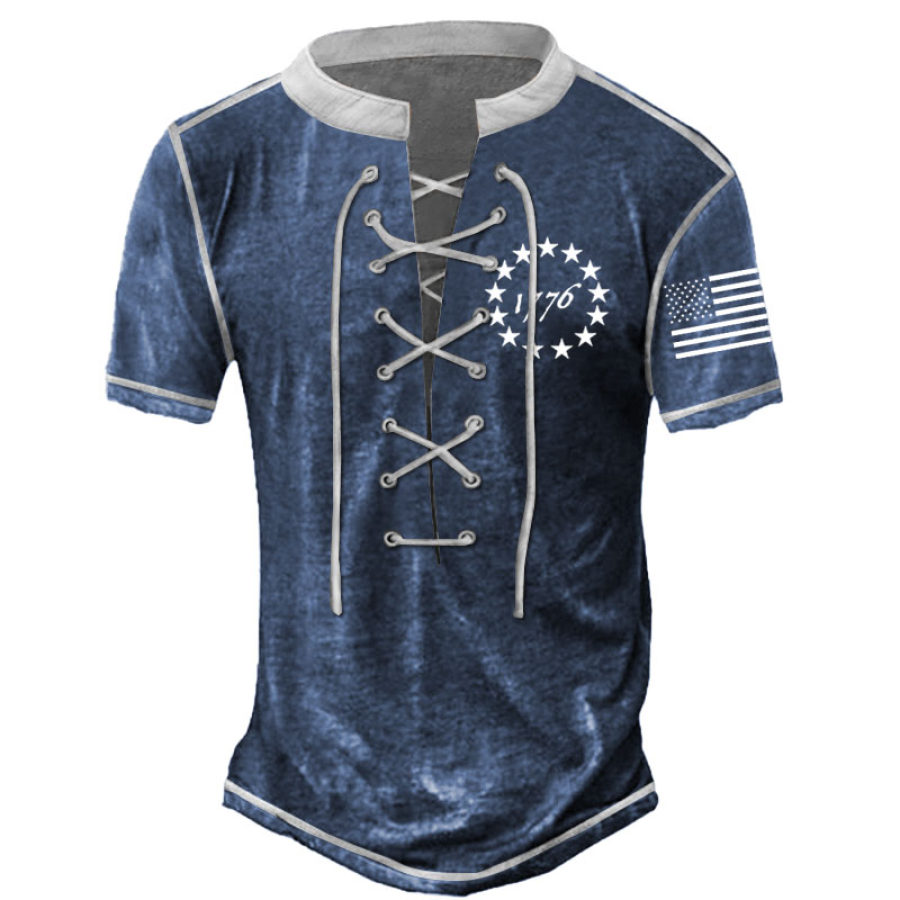 

Men's T-Shirt Vintage 1776 American Flag Color Block Lace-Up Stand Collar Short Sleeve Summer Daily Tops Navy Blue