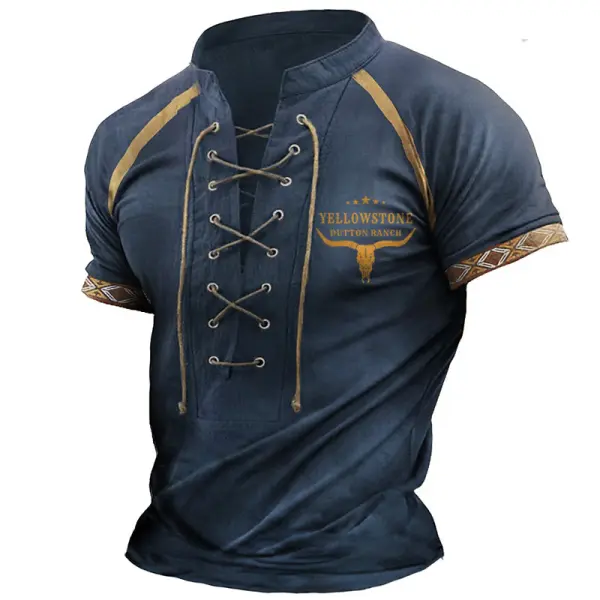 Men's T-Shirt Vintage Western Yellowstone Lace-Up Stand Collar Short Sleeve Color Block Summer Daily Tops Navy Blue - Kalesafe.com 