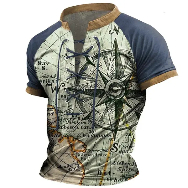 Men's T-Shirt Lace-Up Stand Collar Short Sleeve Vintage Nautical Anchor Compass Color Block Summer Daily Tops Navy Blue - Blaroken.com 
