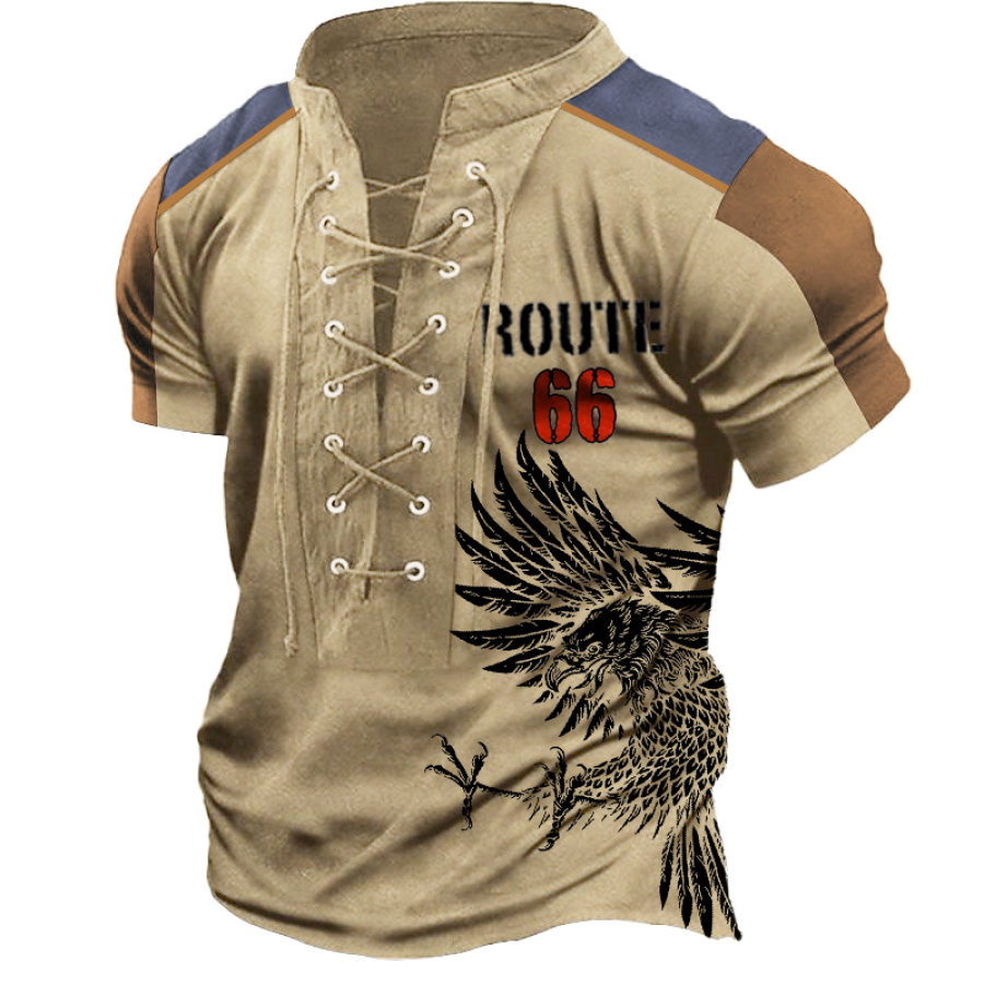 

Men's T-Shirt Vintage Route 66 Eagle Lace-Up Stand Collar Short Sleeve Color Block Summer Daily Tops Khaki