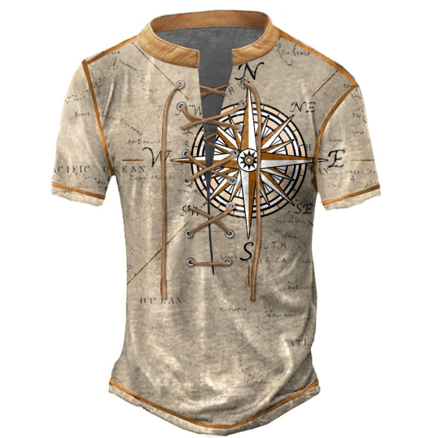 

Men's T-Shirt Vintage Nautical Map Compass Color Block Lace-Up Stand Collar Short Sleeve Summer Daily Tops Khaki