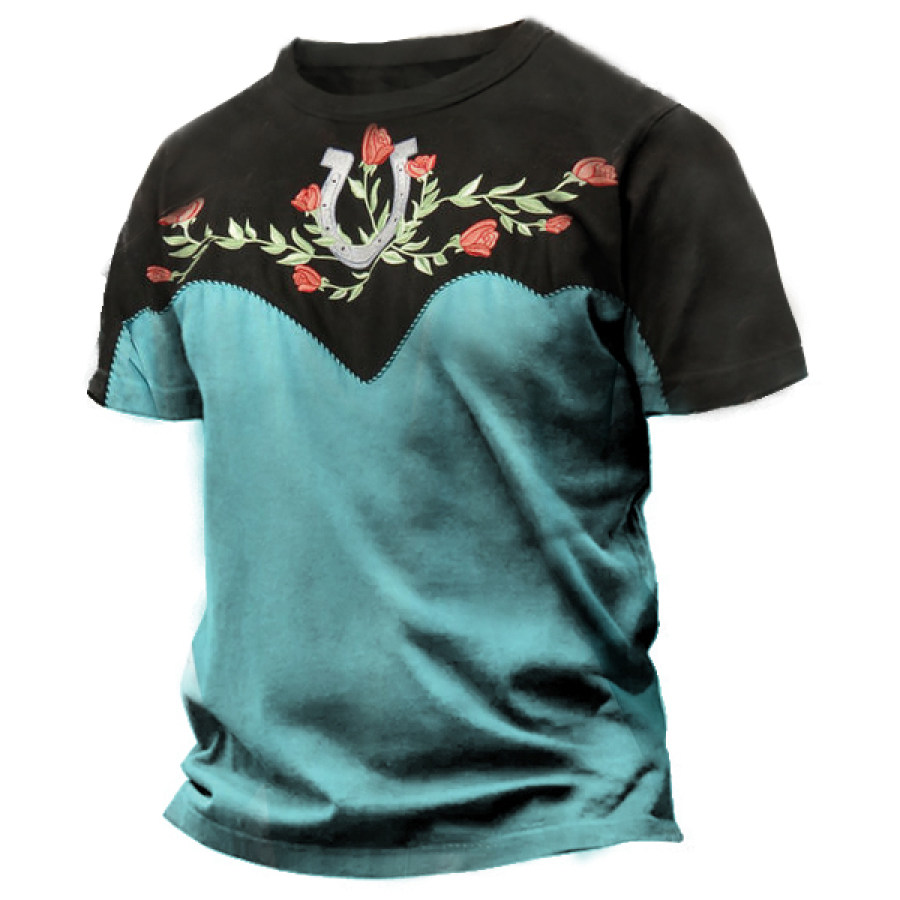 

Men's Outdoor Casual Loose Cotton Short Sleeve T-Shirt Retro Western Denim Print Tops