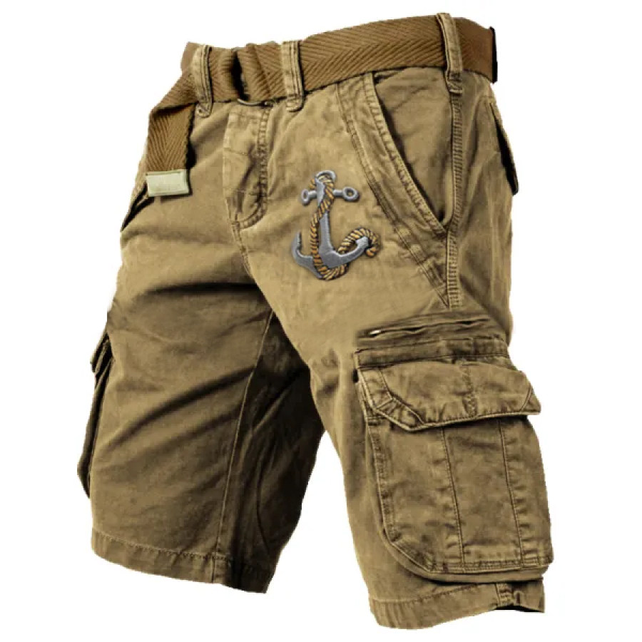 

Men's Outdoor Vintage Washed Multi-Bag Cargo Shorts Nautical Anchor Embroidered Cargo Shorts