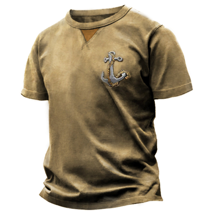 

Men's Retro Wash Printing Casual Short Sleeve T-Shirt Nautical Anchor Embroidery Tactical Crew Neck T-Shirt