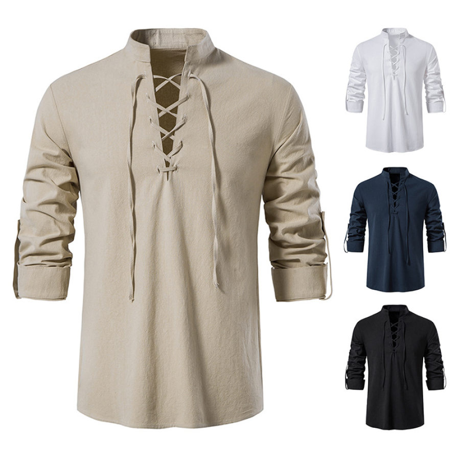 

Men's Cotton Linen Henley Casual Beach Stand Collar Long Sleeve Shirt