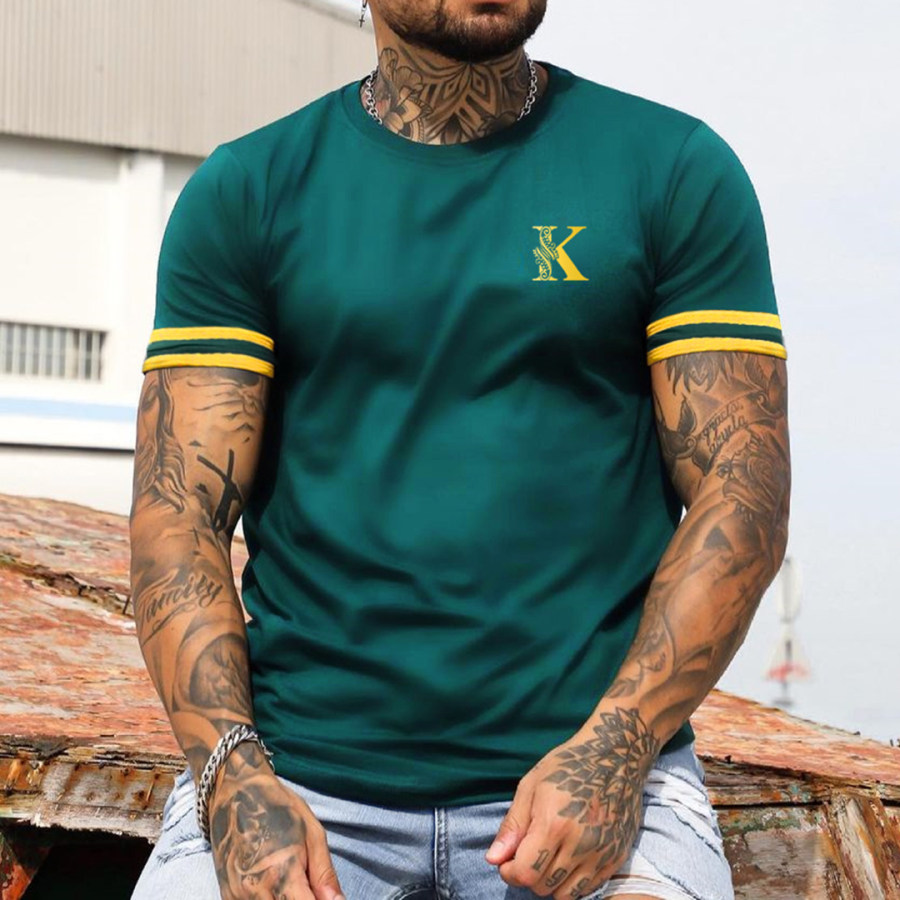 

Men's Fashion K Print Color Matching Casual Slim Fit Short Sleeve T-Shirt