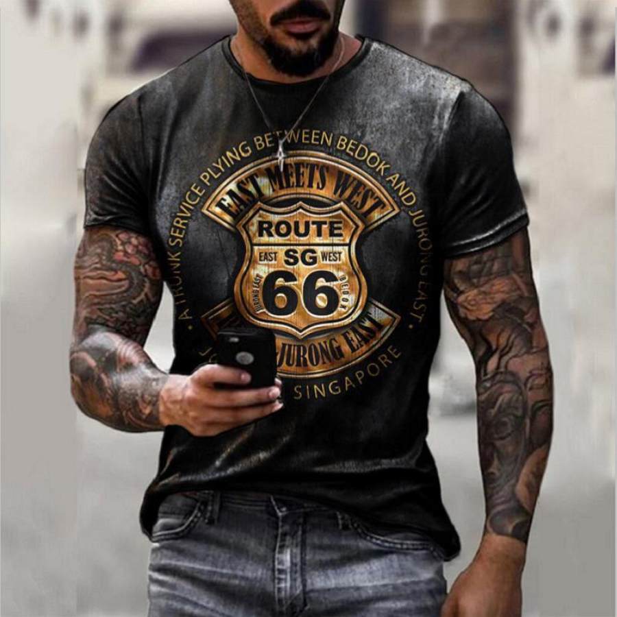 

Camiseta Masculina De Manga Curta Vintage Solta US Route 66 Com Estampa De Letras