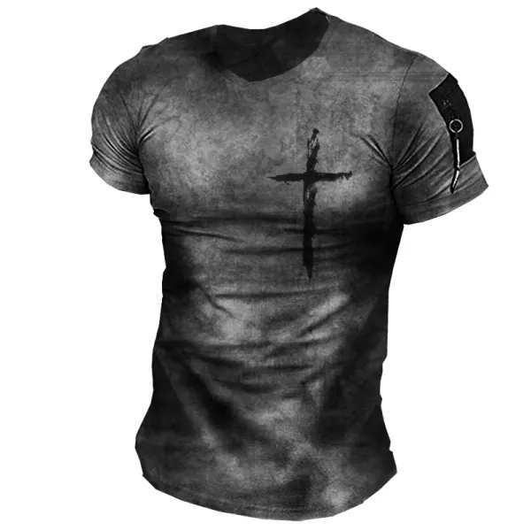 Men's T-Shirts Mens Retro Casual Cross Print T-shirt dark gray silver ...
