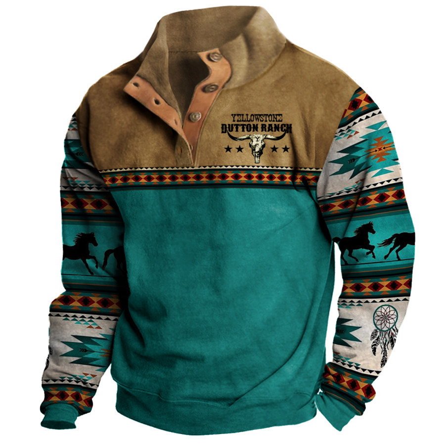 

Men's Vintage Western Yellowstone Colorblock Zipper Stand Collar Sweatshirt