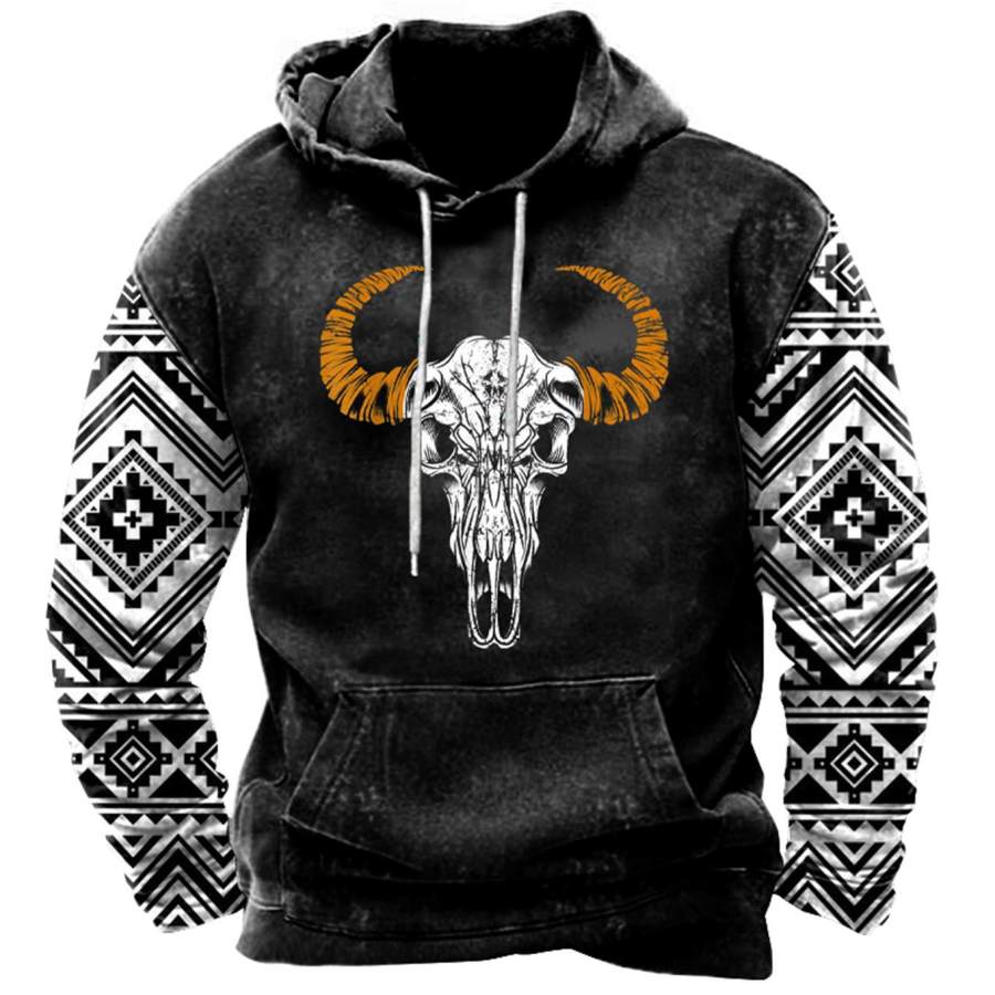 

Men's Vintage Western Geometric Bull Skull Print Hoodie