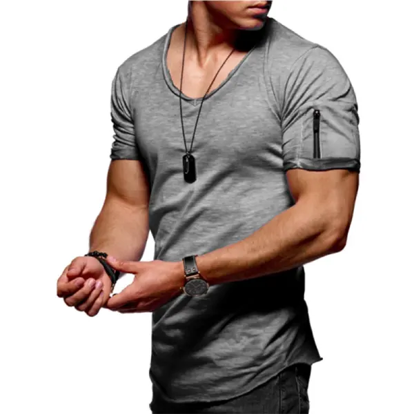 Men's T-Shirts Men's Cuff Zipper Pocket Color Cotton Breathable T-Shirt armygreen gray white Summer  - Cotosen.com