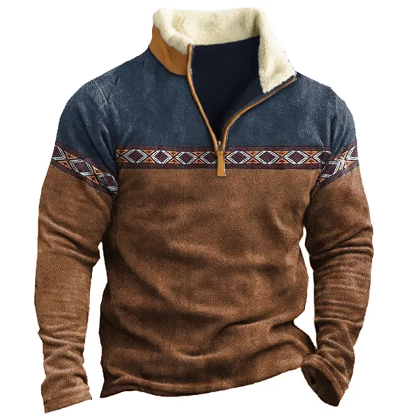 Men's Aztec Colorblock Zipper Stand Collar Sweatshirt - Blaroken.com 