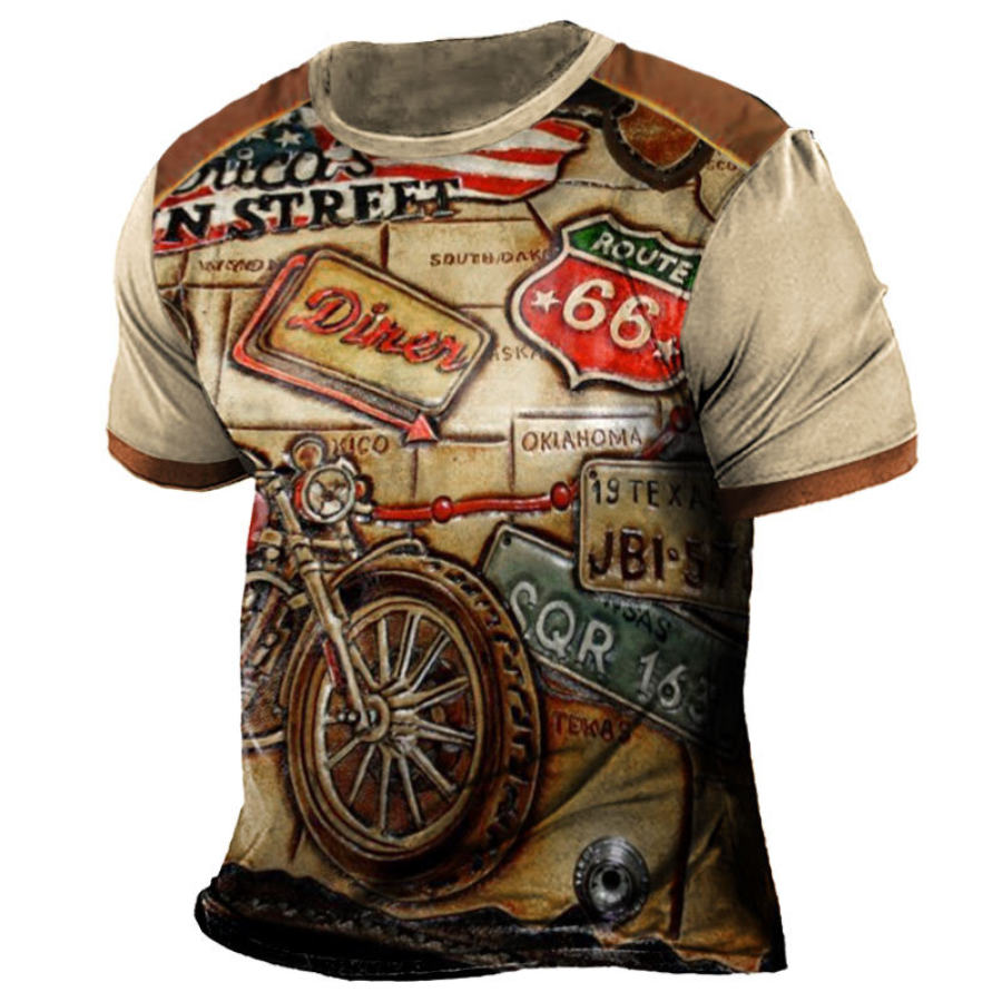 

Camiseta Masculina Gola Redonda Motorcycle Route 66 Estampa Verão Manga Curta