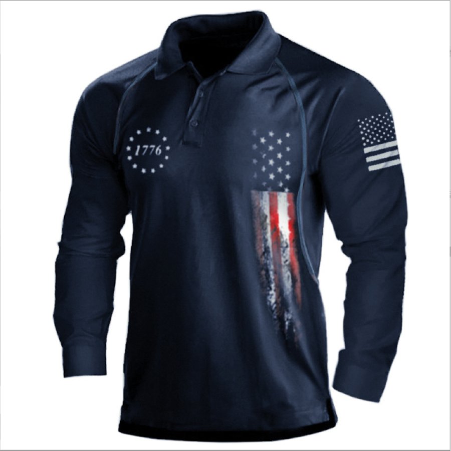 

Men's 1776 Independence Day American Flag Graphic Print Long Sleeve Polo Shirt