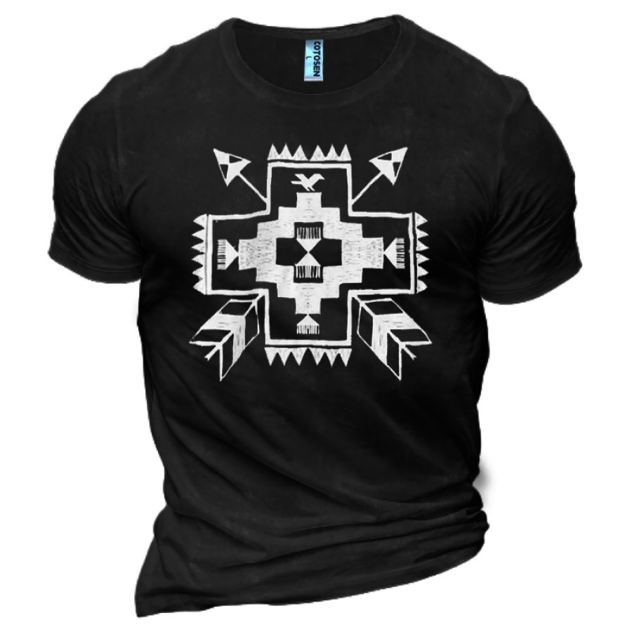 

Men's Cotton T-Shirt Aztec Geometric Cross Graphic Print Western Denim T-Shirt