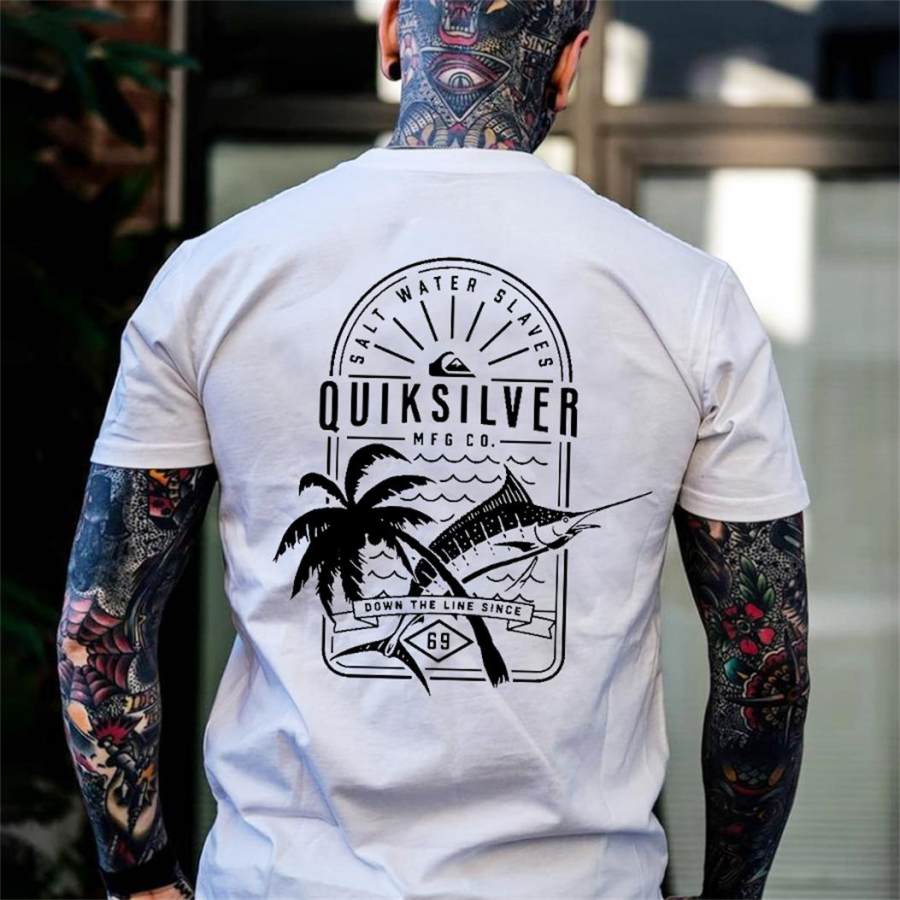 

T-Shirt Homme Quiksilver Cocotier Poisson Coton Manches Courtes Col Ras Du Cou Haut D'été Blanc