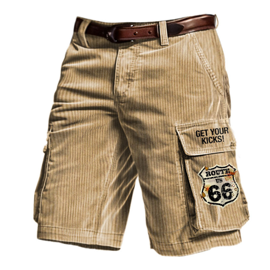 

Men's Shorts Get Your Kicks Route 66 Outdoor Vintage Pocket Corduroy Summer Daily Bottom Khaki