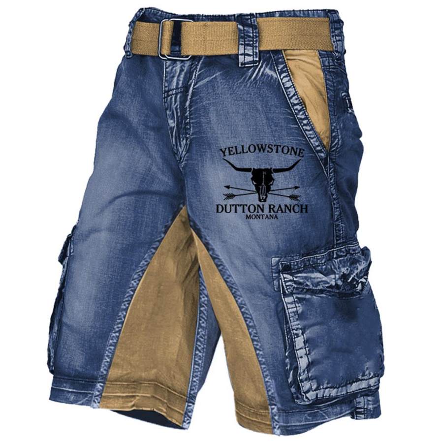 

Men's Cargo Shorts Vintage Yellowstone Color Block Distressed Utility Outdoor Shorts Blue