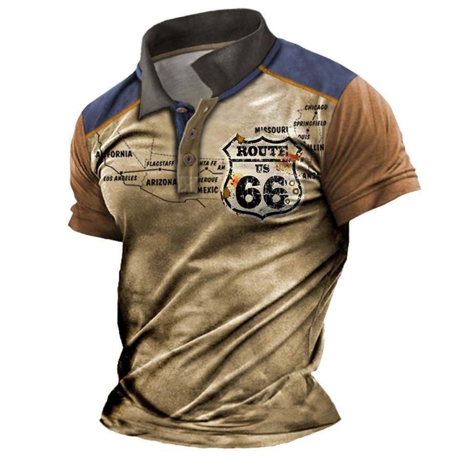 

Men's T-Shirt Polo Vintage Route 66 Map Color Block Summer Daily Top Khaki