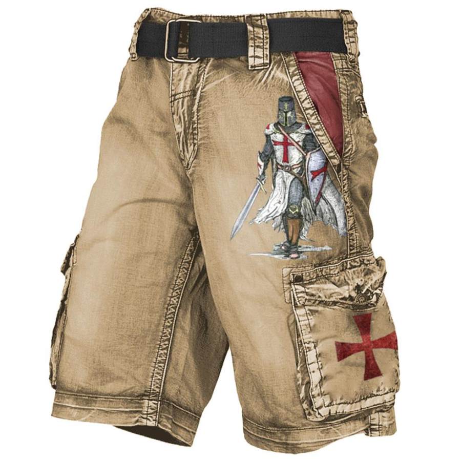 

Men's Cargo Shorts Vintage Templar Cross Distressed Utility Outdoor Shorts Khaki