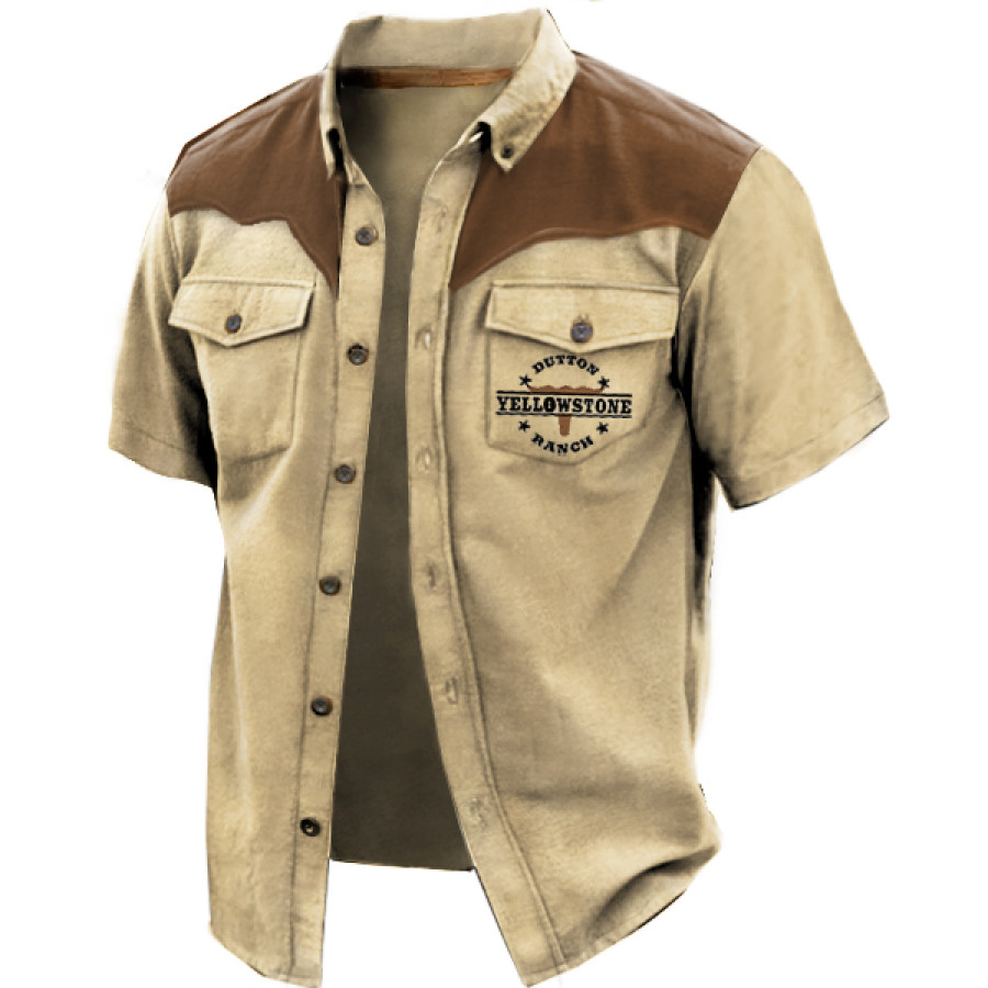 

Men's Vintage Workwear Short Sleeve Shirt Yellowstone Wash Print Contrasting Color Tactical Shirt