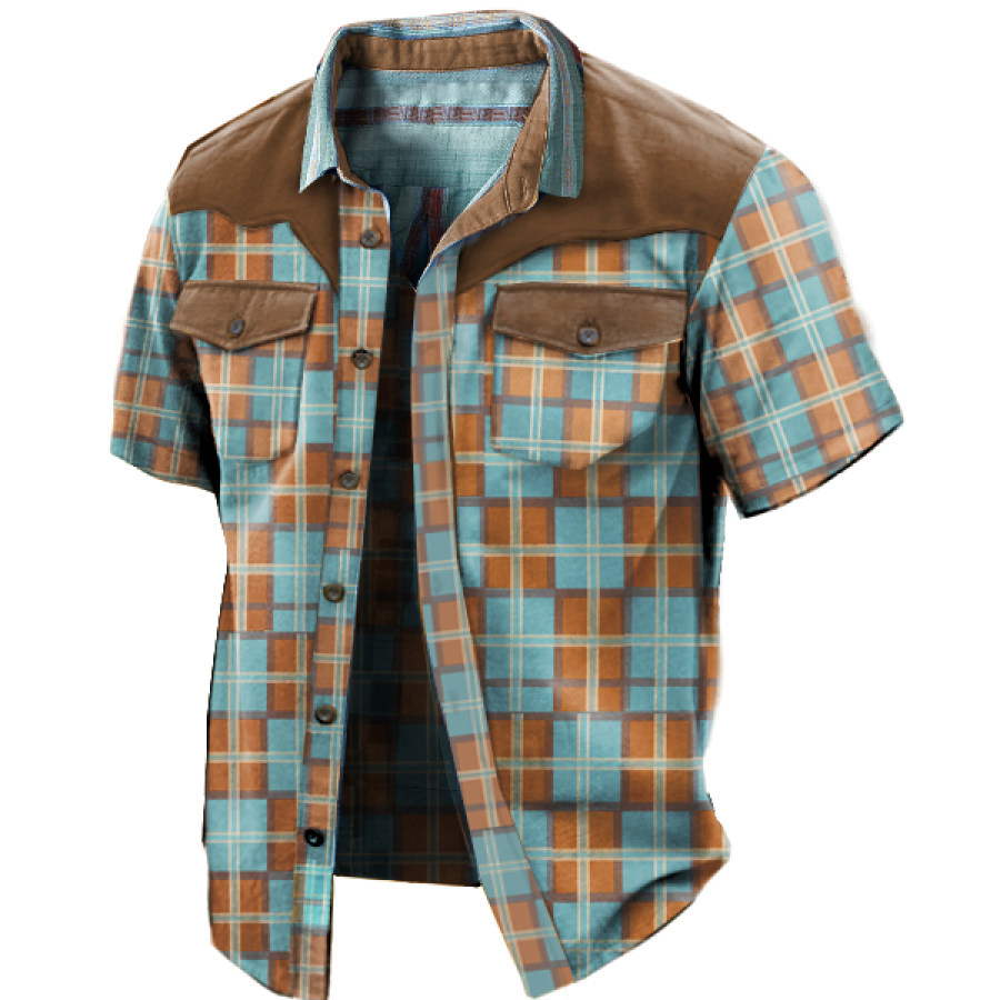 

Men's Vintage Plaid Printed Shirt Contrast Color Stitching Outdoor Shirt