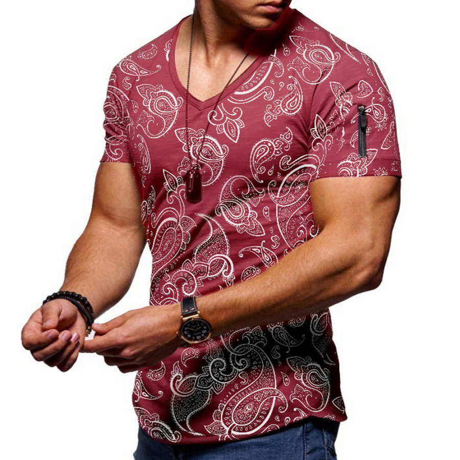 

Men's Vintage Ethnic Print Pocket V Neck T-Shirt