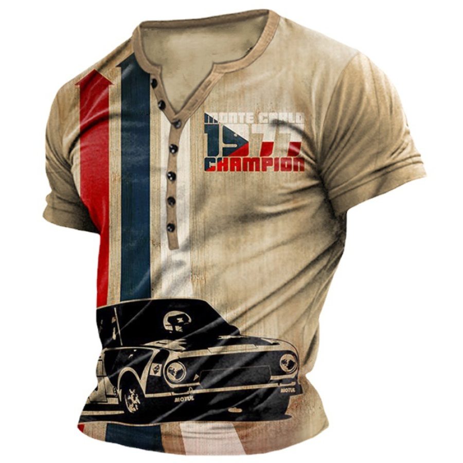 

Men's Henley T-Shirt Vintage 1977 Racing Print Short Sleeve Top