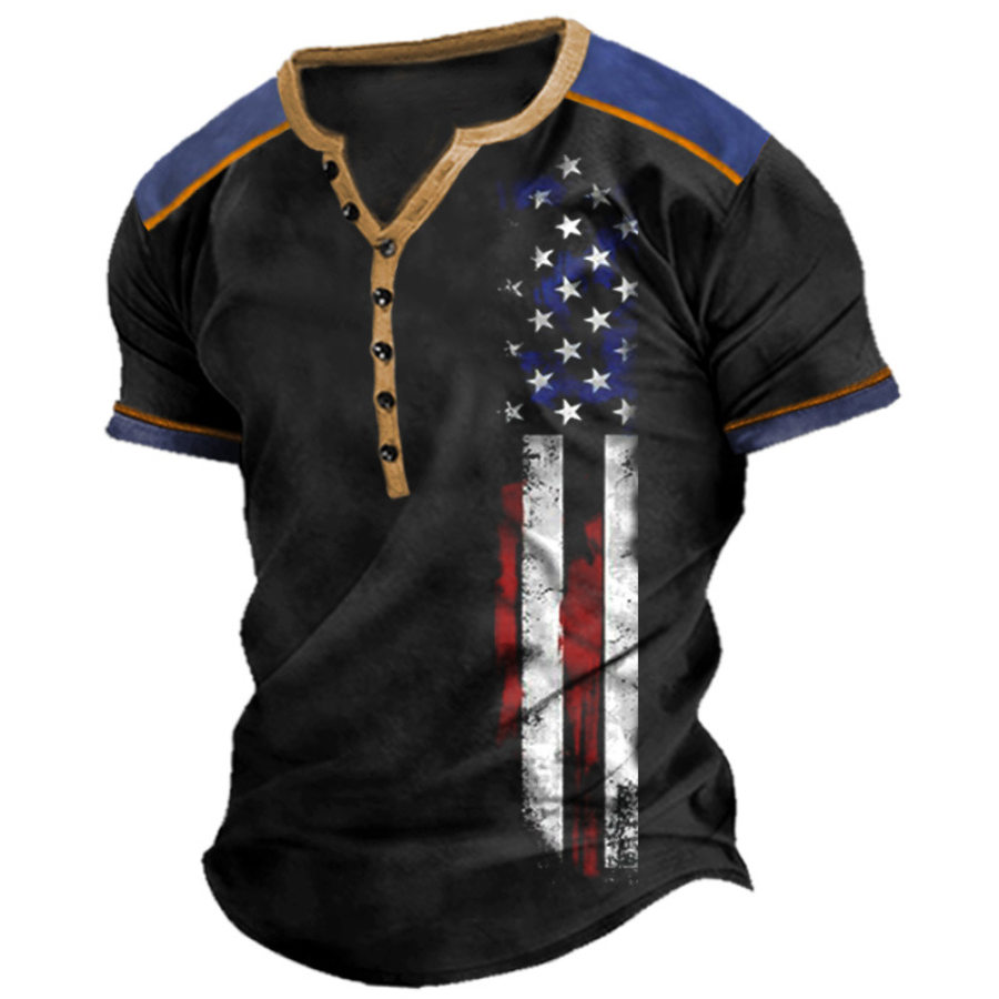 

Men's Henley T-Shirt Vintage American Flag Print Short Sleeve Top