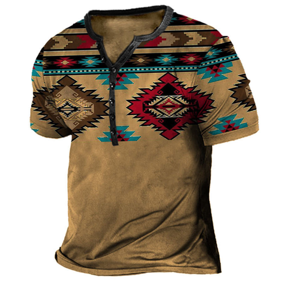 

Men's Henley T-Shirt Vintage Ethnic Print Short Sleeve Top