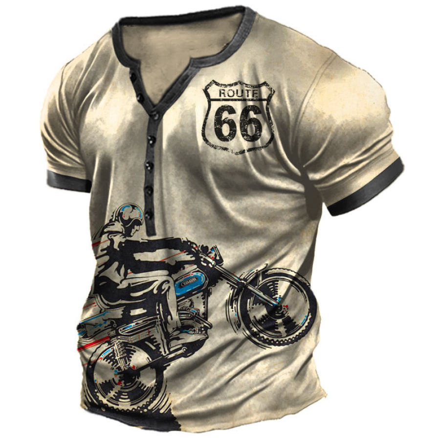 

Men's Henry T-Shirt Vintage Route 66 Motorcycle Print Short Sleeve Top