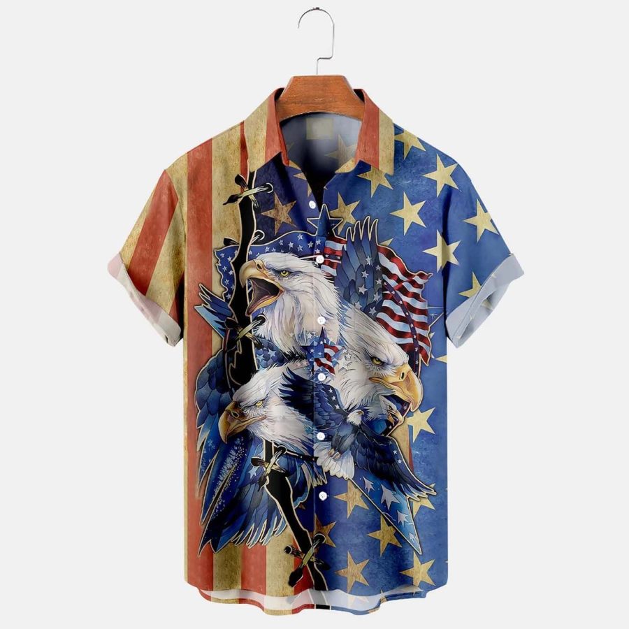 

Men's Shirt American Flag Eagle Plus Size Short Sleeve Hawaii Beach Summer Daily Top Blue