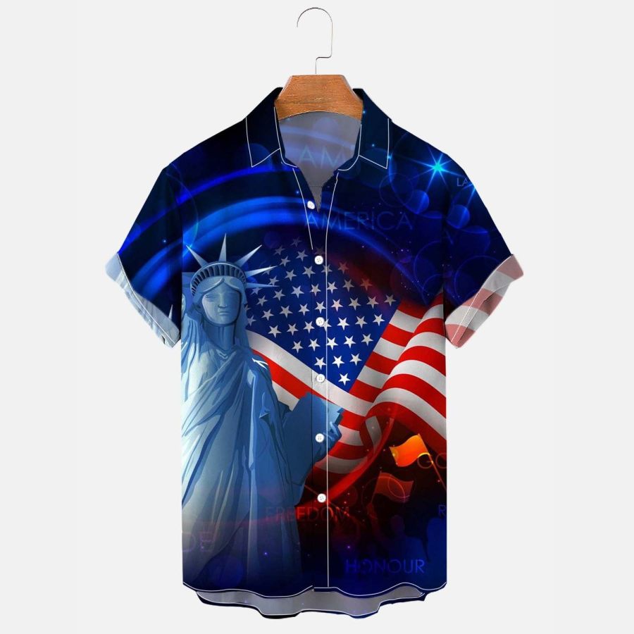 

Men's Shirt American Flag Independence Day Statue Of Liberty Plus Size Short Sleeve Hawaii Beach Summer Daily Top Blue