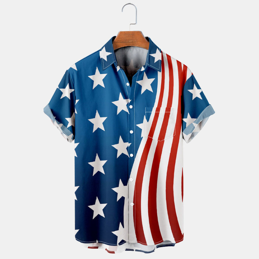 

Camisa Masculina American Flag Plus Size Manga Curta Hawaii Beach Bolso No Peito Summer Daily Top Azul