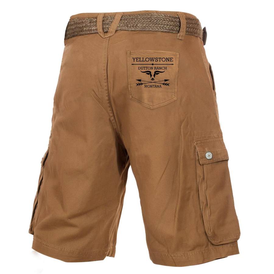 

Men's Cargo Shorts Vintage Yellowstone Print Multi Pocket Outdoor Shorts Caramel