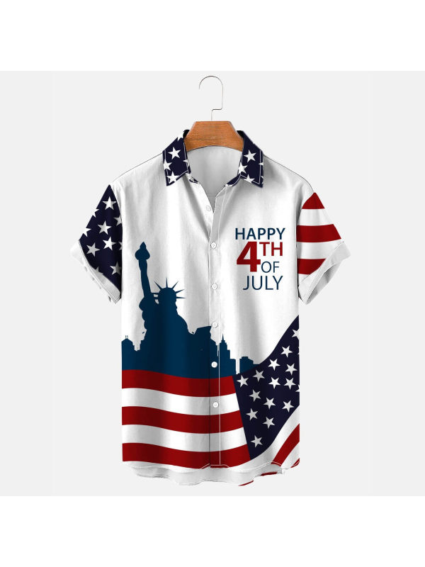 Men's Shirt American Flag Independence Day 4th Of July Plus Size Short Sleeve Hawaii Beach Summer Daily Top White