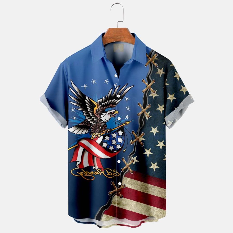 

Men's Shirt American Flag Eagle Plus Size Short Sleeve Hawaii Beach Summer Daily Top Blue