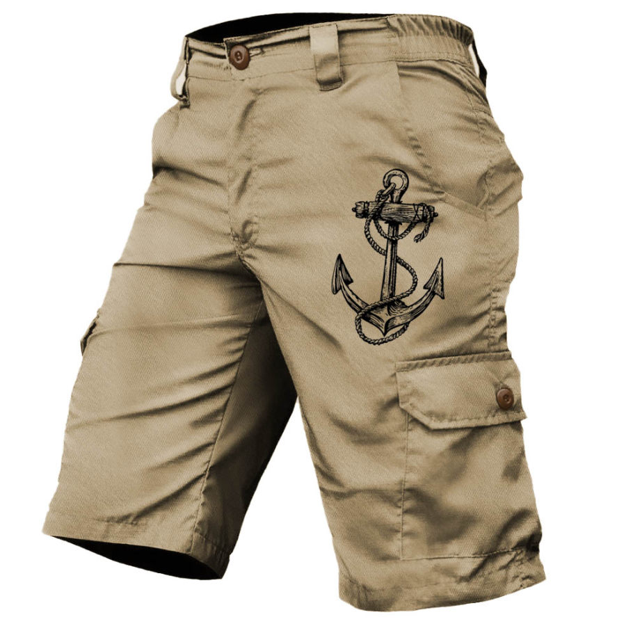 

Men's Cargo Shorts Vintage Anchor Print Pocket Outdoor Shorts Khaki