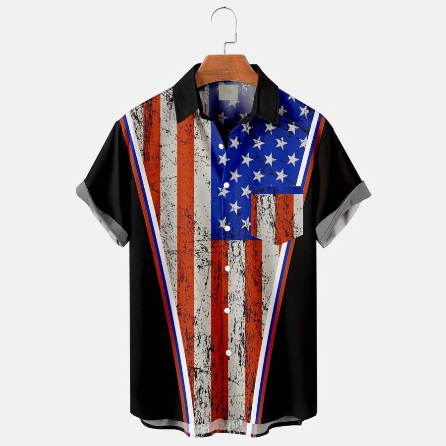 

Men's Shirt American Flag Plus Size Short Sleeve Hawaii Beach Summer Daily Top Black