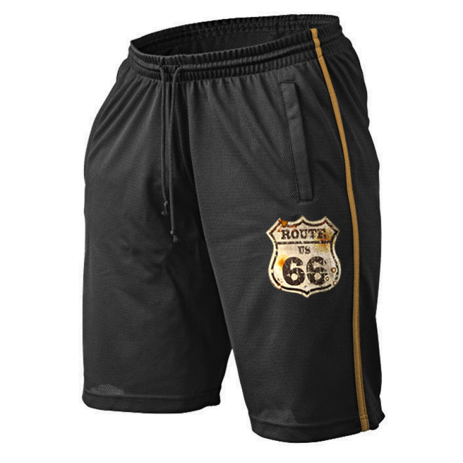 

Men's Shorts Mesh Sport Route 66 Print Pocket Outdoor Shorts Black