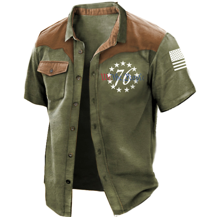 

Men's Outdoor 1776 We The People Independence Day Print Cargo Shirt Casual Contrast Pocket Tactical Shirt